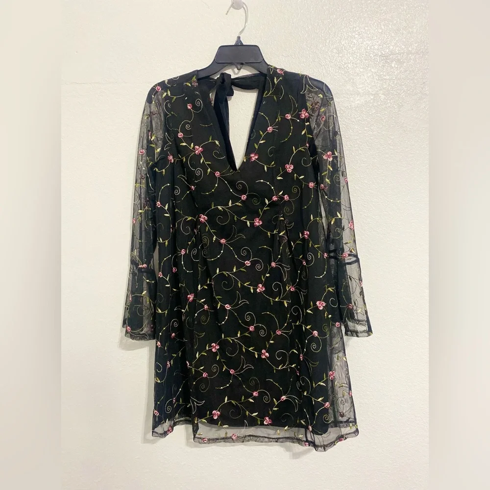 BCBGeneration Black Dress with Pink Floral Embroidery - Picture 3 of 8